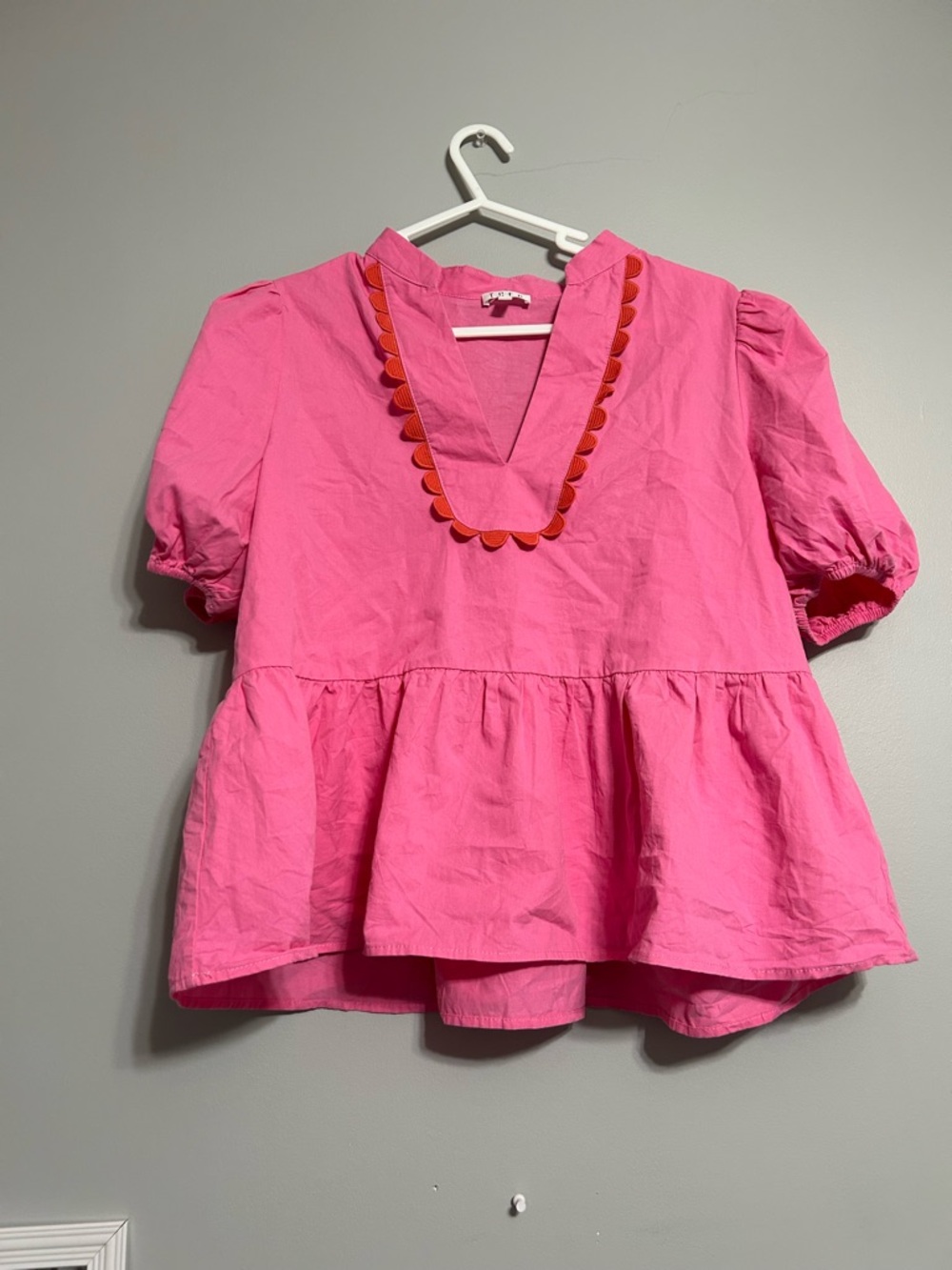 TCEC Hot Pink V-Neck Top with Scallop Trim